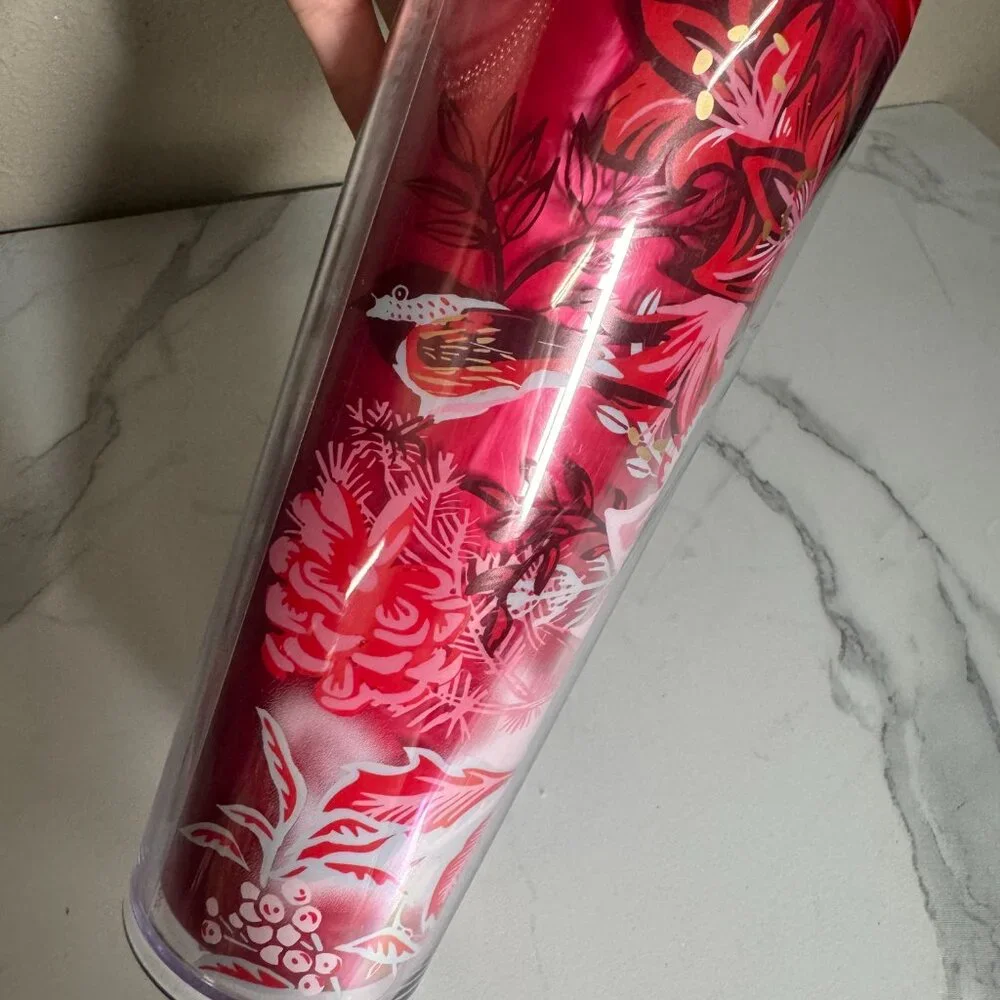 Starbucks Holiday 2022 Red Marble 'Enchanted Forest‎ Pearl' Floral Tumbler NEW